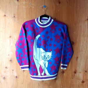 Grand Knitwear Vintage Magenta & Blue Cat Sweater